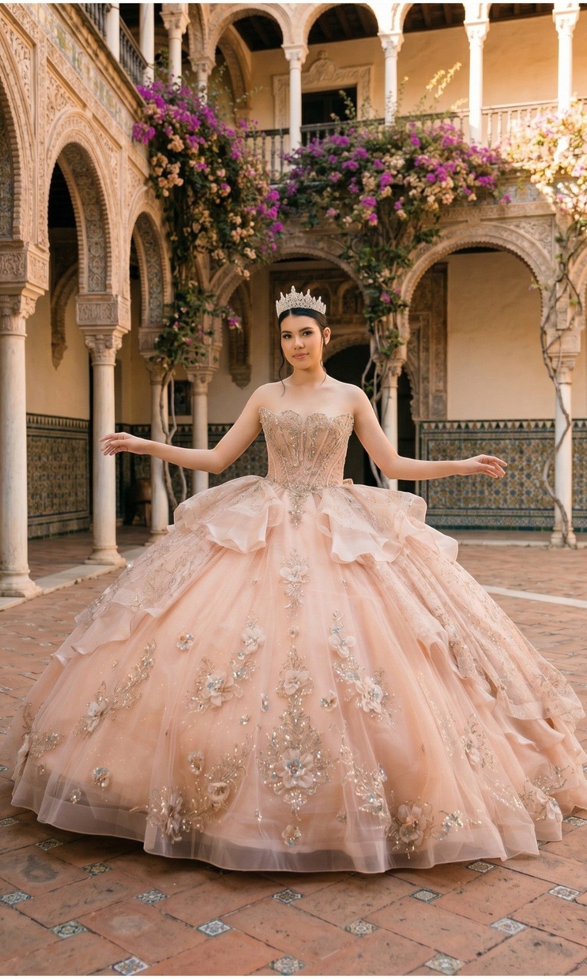 A young woman stands with arms slightly raised in a courtyard adorned with arches and flowering vines, wearing the Quinceanera Dress 8590JQ By Cinderella Couture in rosegold—a stunning ball gown featuring a glitter tulle skirt and beaded corset bodice.